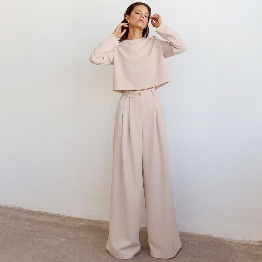 Brown Fashionable Korean Style Long Sleeve Pure Color Cotton Two-piece Set