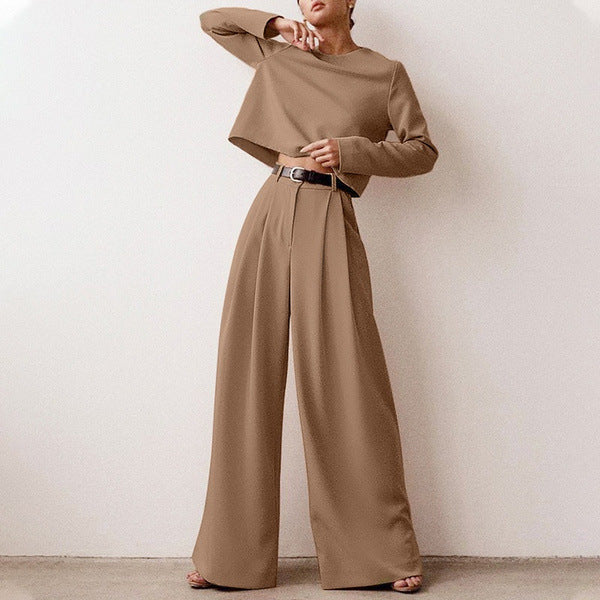 Brown Fashionable Korean Style Long Sleeve Pure Color Cotton Two-piece Set